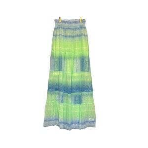 Hale Bob Maxi Skirt Boho Pull‎ On Smocked Waist Green Blue Bohemian Festival